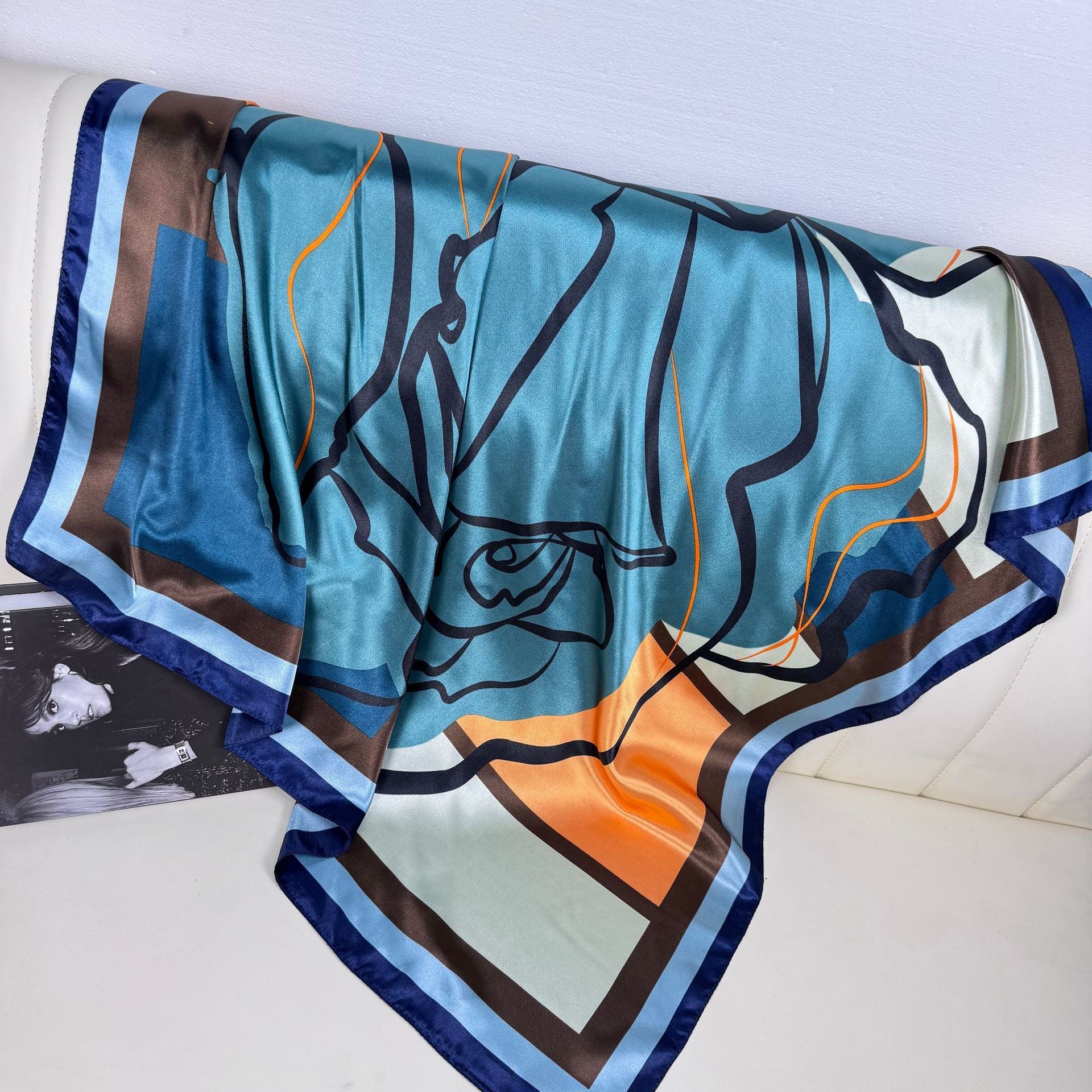 Simple and versatile abstract painting geometric line silk scarf 90cm large square scarf, elegant temperament women's bag head scarf