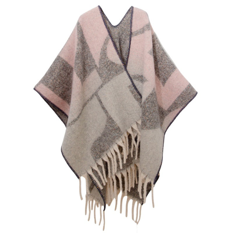 2025 new European and American autumn and winter circle yarn imitation mohair thickened jacquard geometric shawl