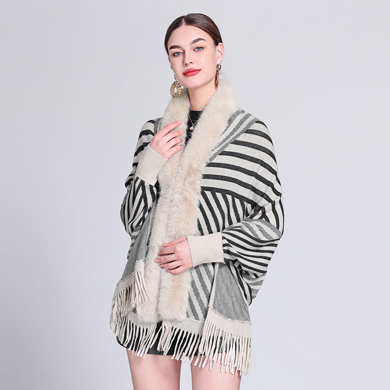 European and American autumn and winter new fashion striped fringed knitted shawl cape versatile cape outer scarf shawl 1233