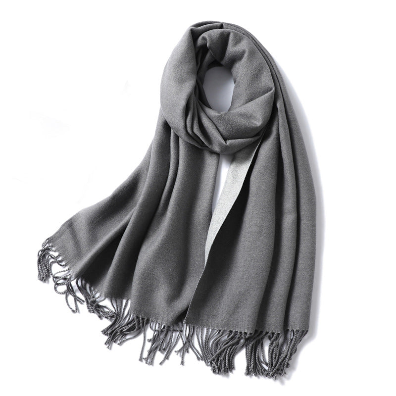 Simple solid color imitation cashmere scarf men's and women's winter thickened warm double-sided two-color versatile fringed shawl core-spun yarn