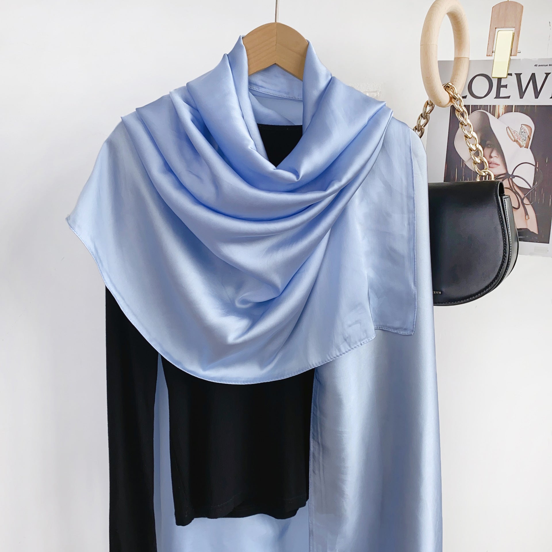 Simple and versatile monochrome solid color new silk satin long silk scarf headscarf, elegant temperament women's vacation shawl