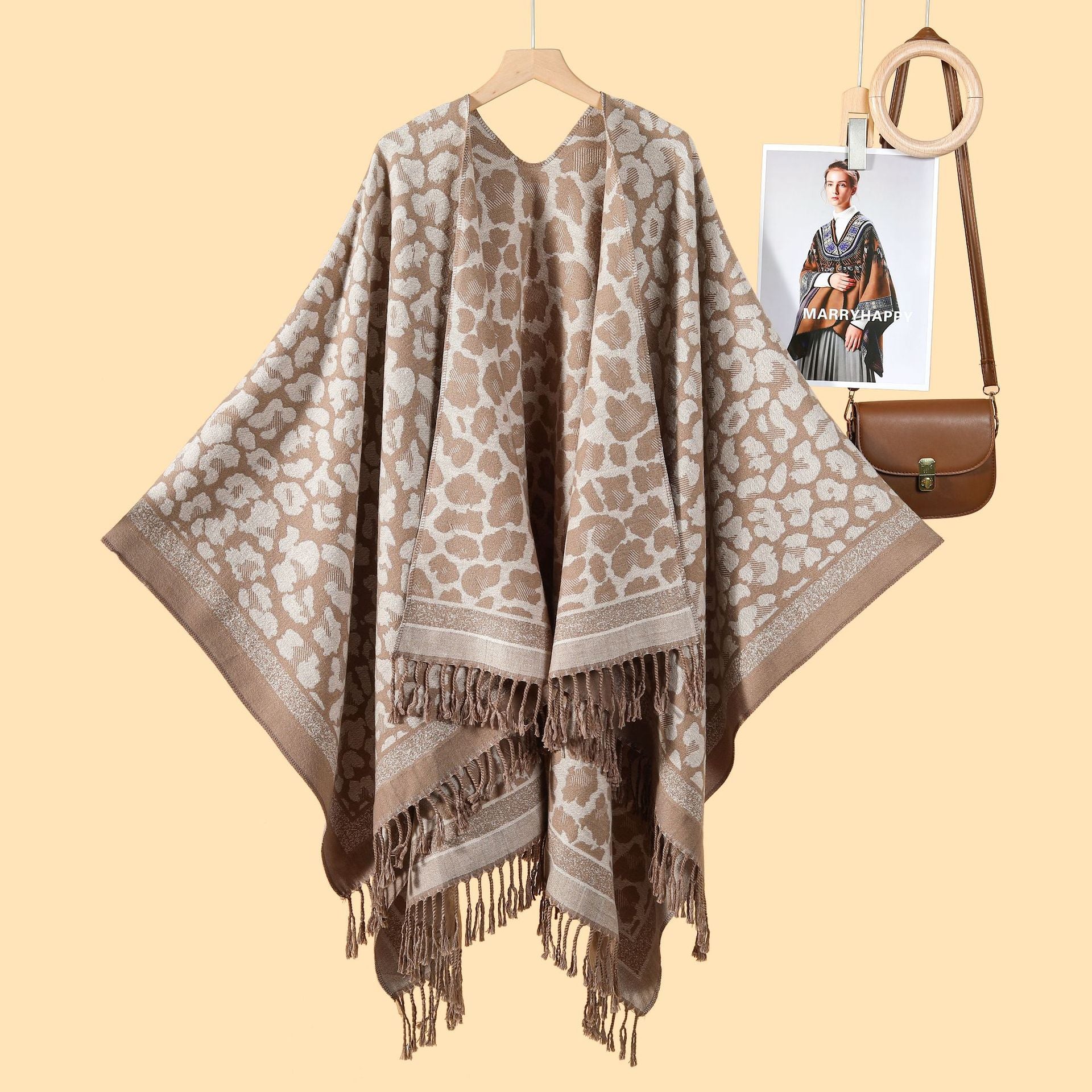 European and American fashion classic leopard print fringed split shawl new women's street popular imitation cashmere cardigan