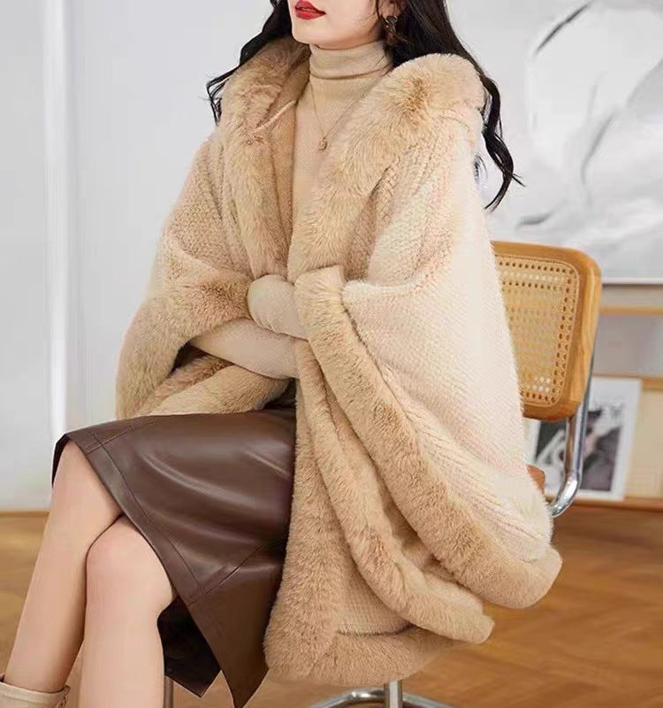 Europe, America, autumn and winter new fashion shawl outer cape piled thickened imitation fur fur collar cape shawl coat women