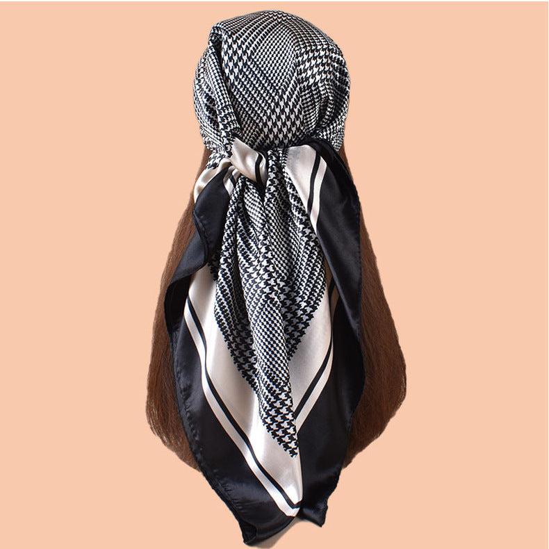 New 90-satin geometric grid thousand bird grid printed square scarf with sunscreen, bag head silk scarf decoration, scarf