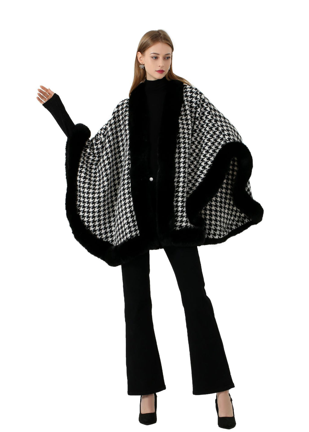 Autumn and winter new imitation Rex rabbit hair oversized fur collar thousand bird plaid woolen shawl scarf cape jacket women's cape 018 #