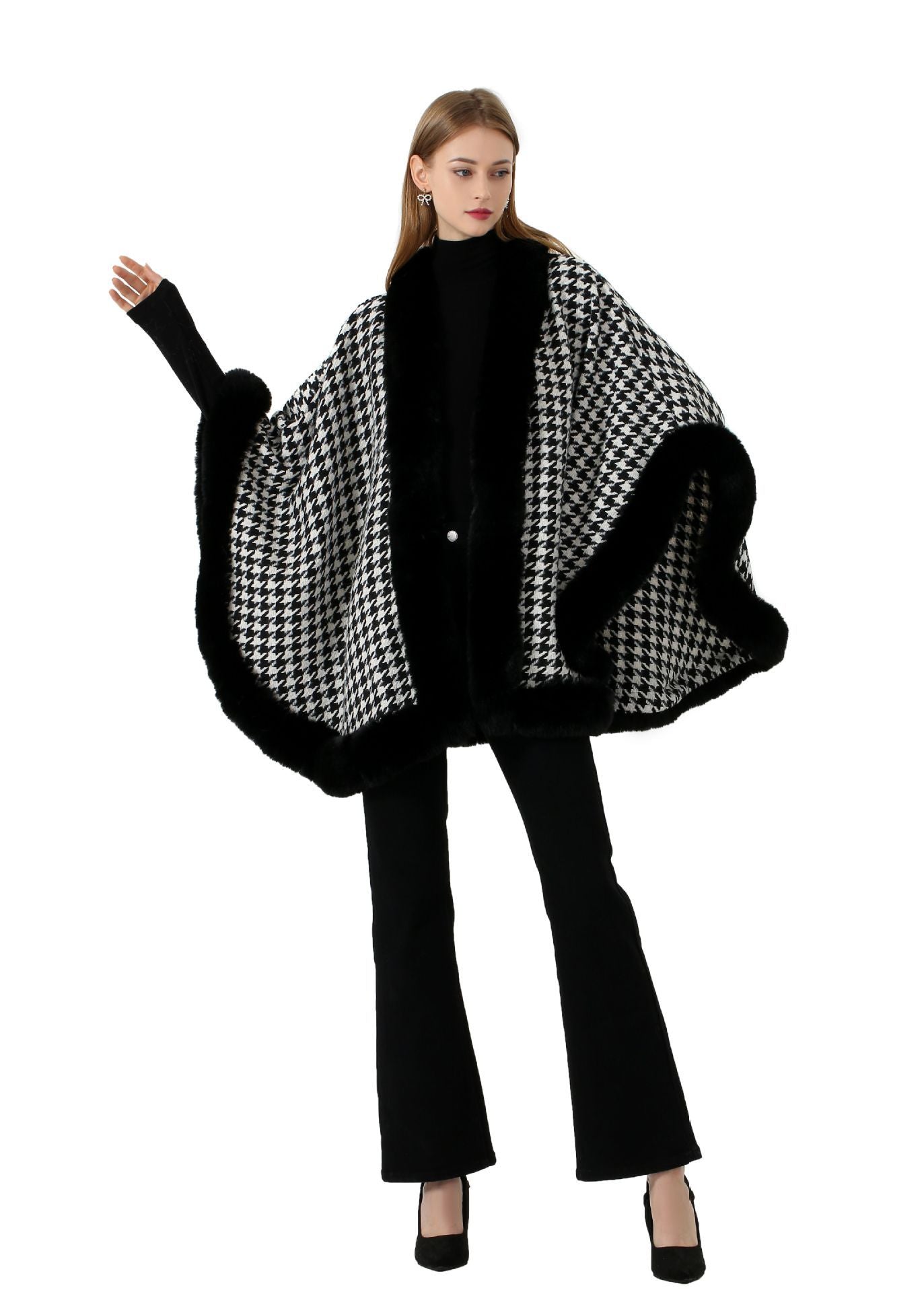 Autumn and winter new imitation Rex rabbit hair oversized fur collar thousand bird plaid woolen shawl scarf cape jacket women's cape 018 #