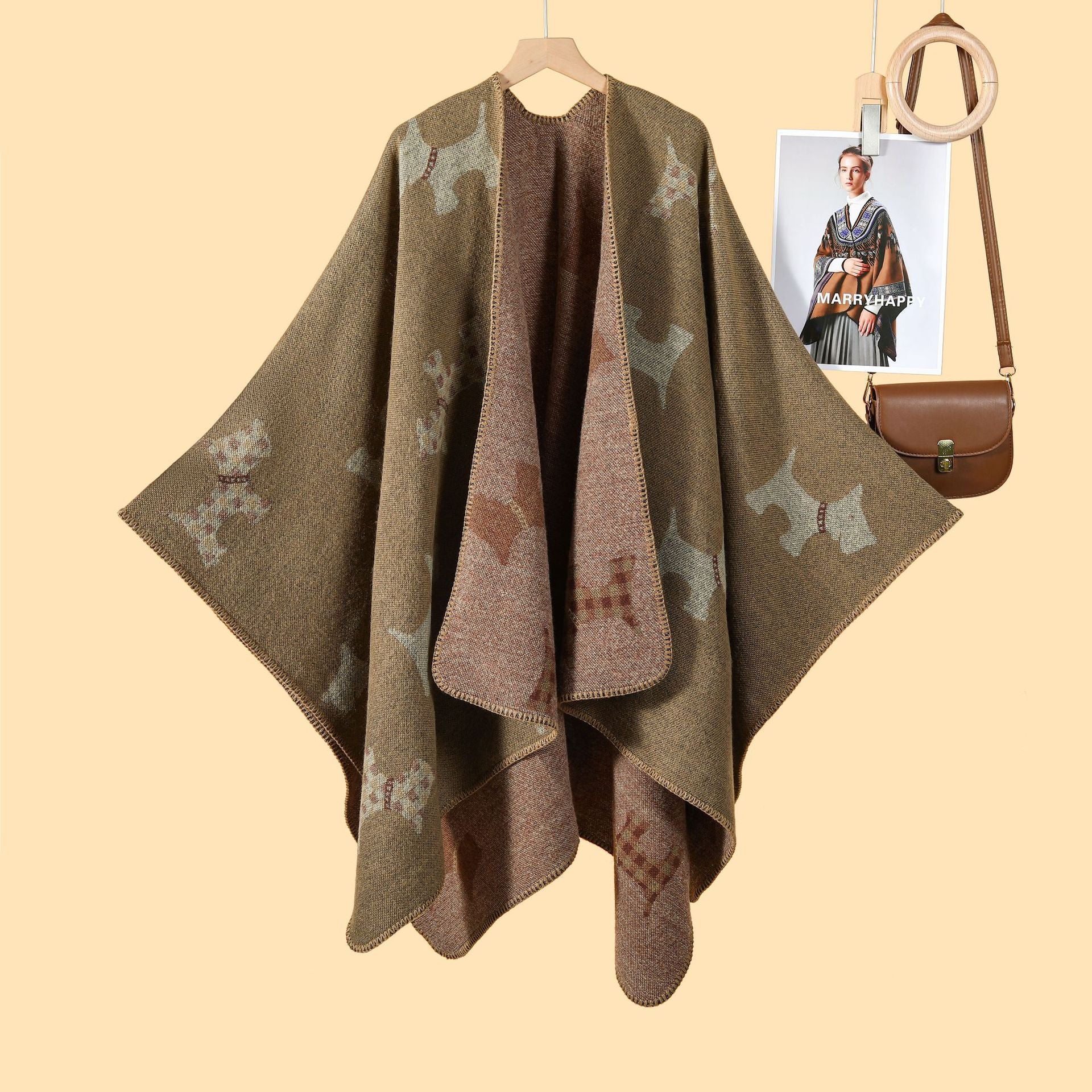 Women's simple cartoon picture split shawl autumn and winter thickened warm jacquard cloak cardigan hot new