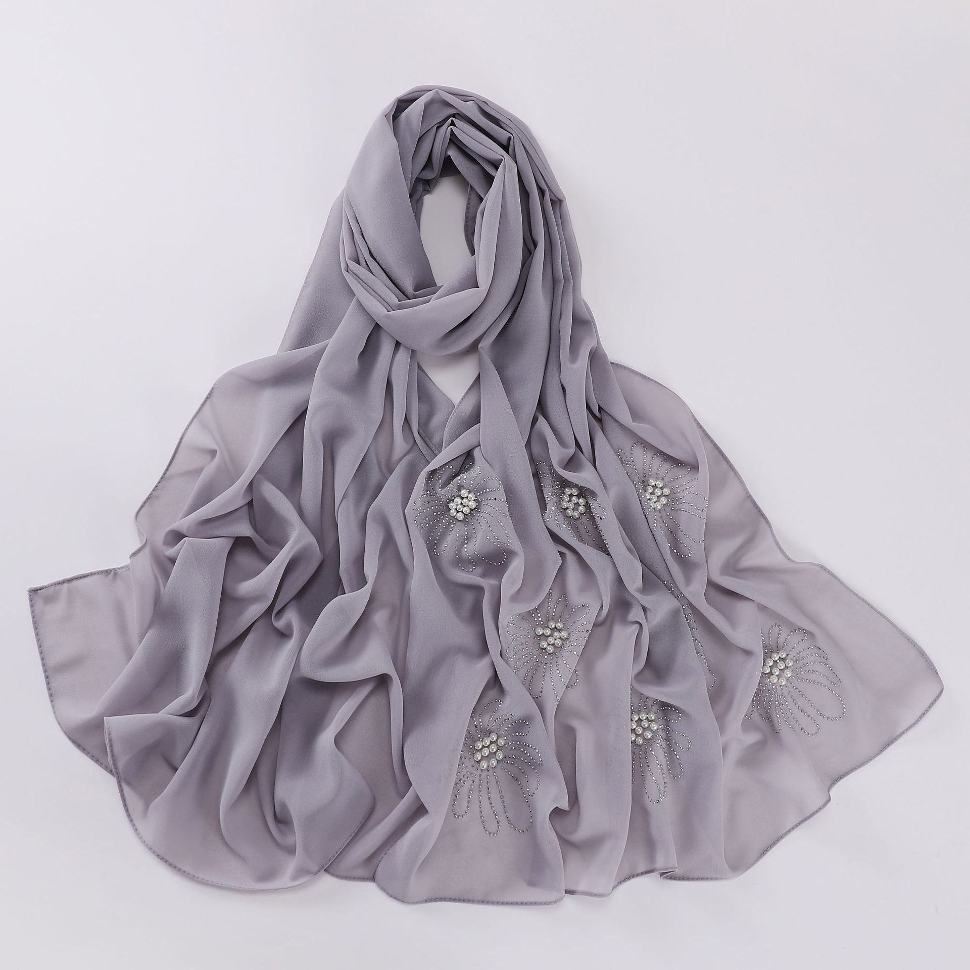 New pearl chiffon single-headed flower hot diamond bead scarf, gauze, Middle East and Africa, headscarf hijab.