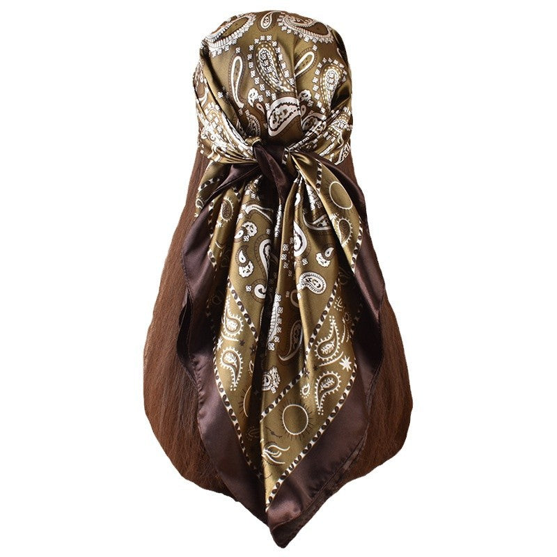 New 90cm-satin sun cashew flower printed square scarf with sunscreen, head silk scarf decoration, scarf