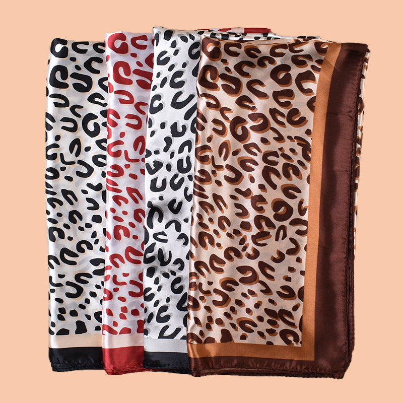 2025 new 90-satin U-word leopard print versatile printed square scarf with sunscreen, bag head silk scarf decoration, scarf