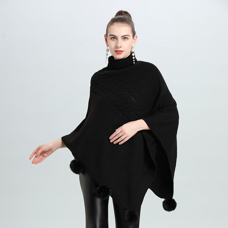 Spring new temperament cape shawl medium and long hairball turtleneck pullover knitted sweater cape 0939 #