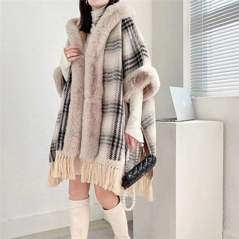 New cape shawl hooded fleece thickened temperament fringed medium and long loose large size cape jacket 1186 #