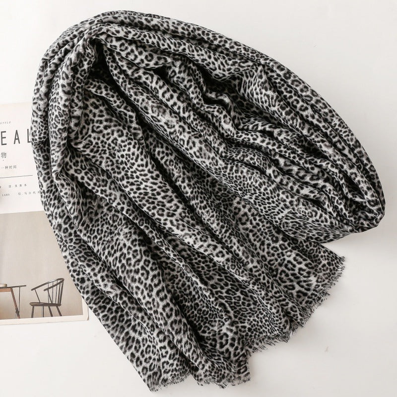 cotton and linen feel scarves leopard leopard print rough edge printing shawl women