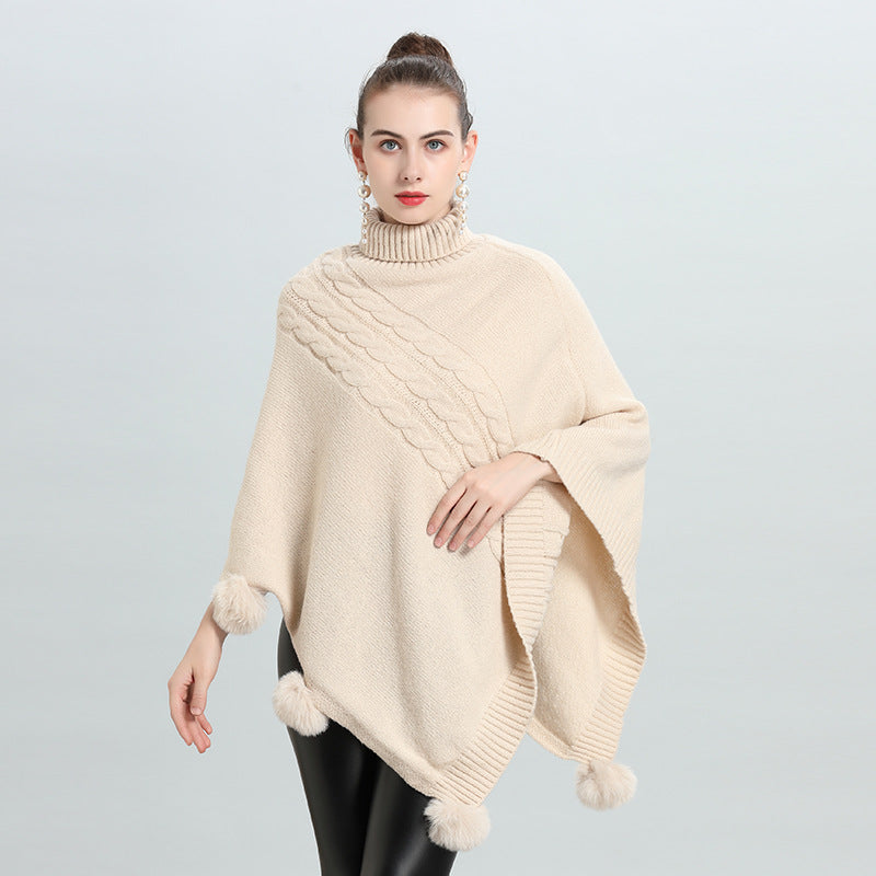 Spring new temperament cape shawl medium and long hairball turtleneck pullover knitted sweater cape 0939 #