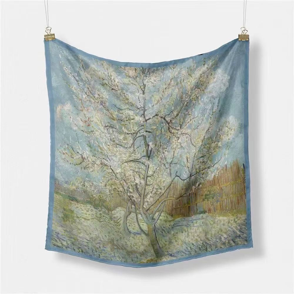 Fashion Van Gogh art oil painting 53cm small square scarf, twill silk imitation silk women's scarf, headband
