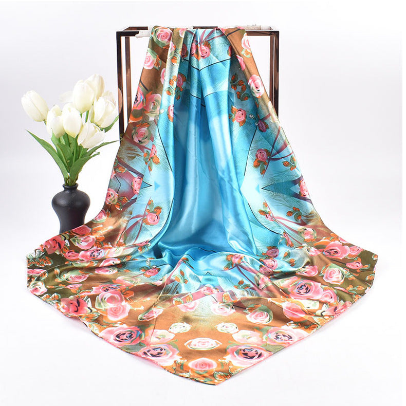 Autumn and winter new 90 high-end rose square scarf versatile retro printing women's 90-color diced imitation silk