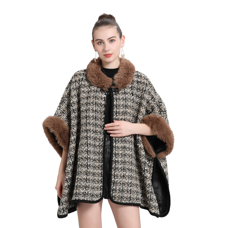 European and Korean autumn and winter new velvet large size loose imitation fur collar knitted cardigan cape shawl woolen coat 0964 #