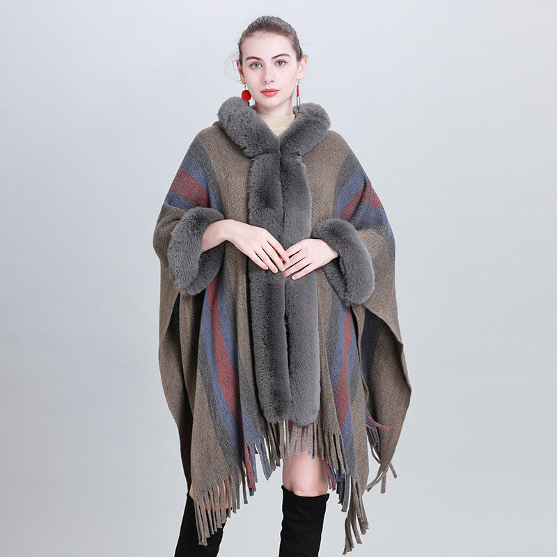 European and Korean autumn and winter new cape shawl, colorful striped fur collar hooded fringed knitted cardigan shawl cape 0983 #