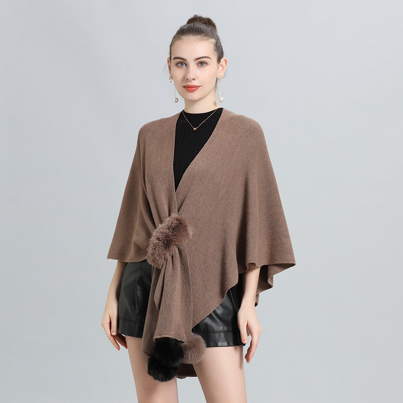 Europe, America autumn and winter new hairball knitted cardigan multi-purpose shawl top women's large size coat 0971