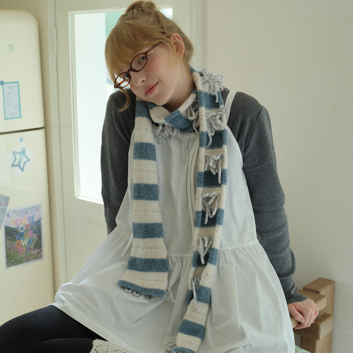 Handmade rope wool blended striped sausage scarf women's autumn and winter personality matching millennial fine and narrow knitted scarf