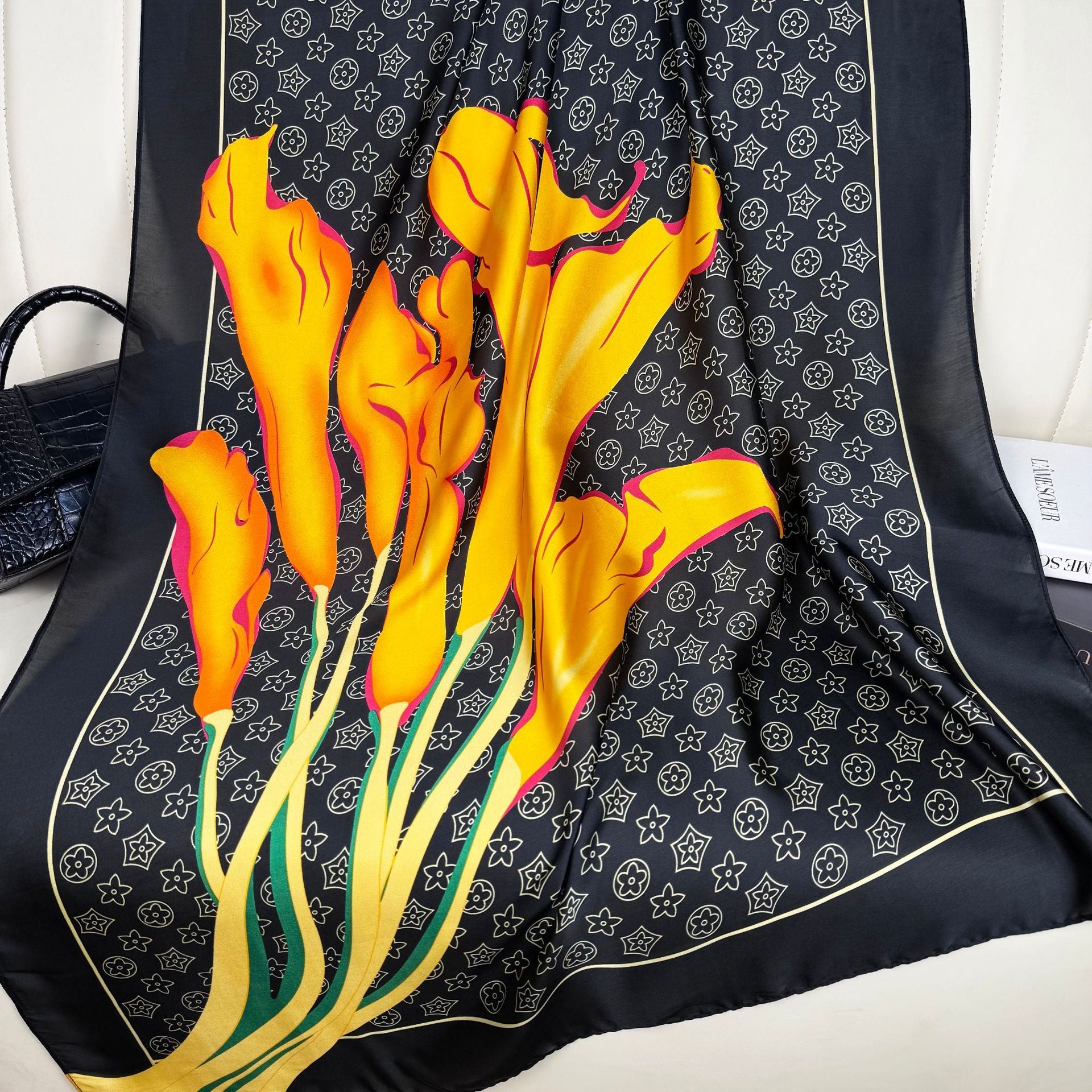 Foreign style fashionable long silk scarf women's scarf, spring, summer and autumn flower print travel vacation sun protection versatile shawl