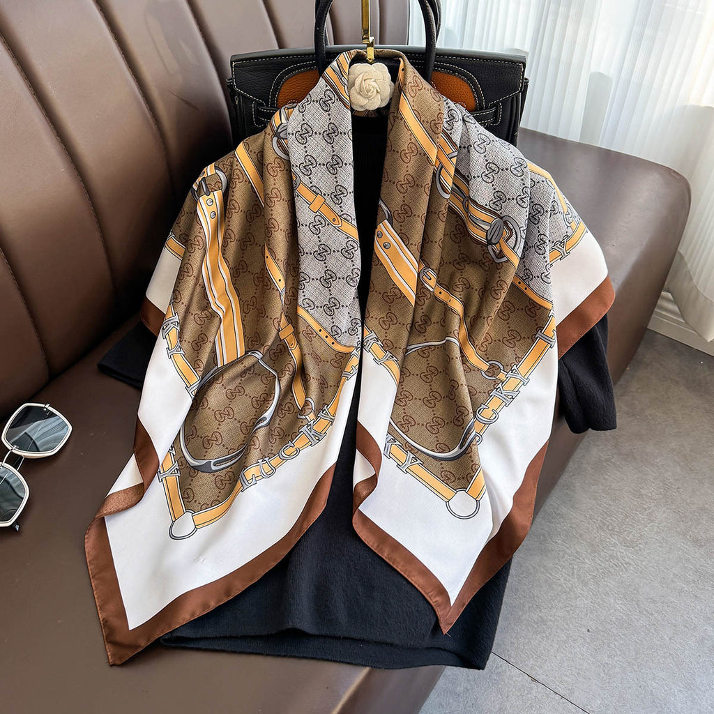 Spring and summer shawl with fashion printed belt, silk scarf, large square scarf, high-end women's dual-purpose versatile thin scarf
