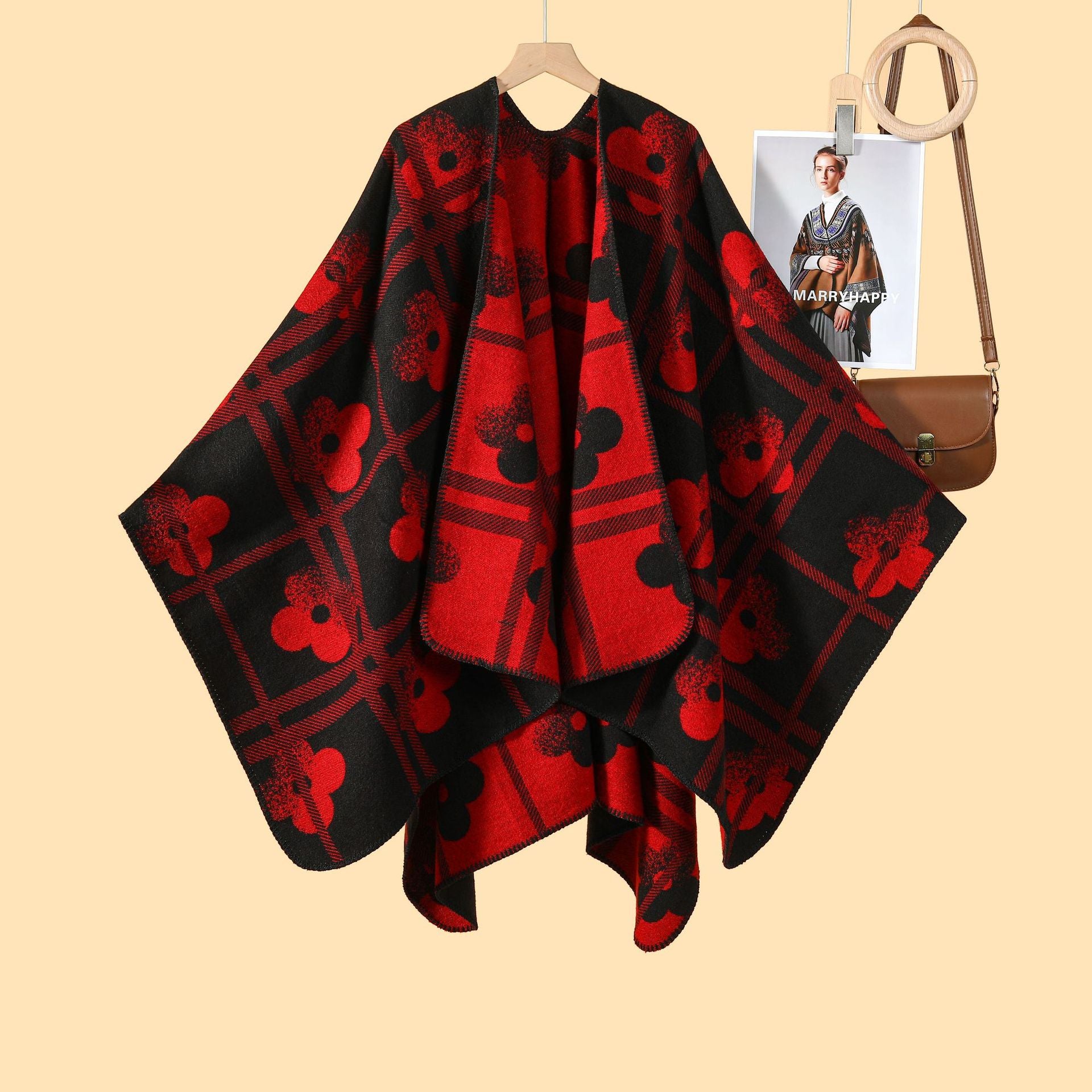 Autumn and winter new plaid plum blossom thickened warm shawl cape women's European and American street fashion catwalk outside cardigan