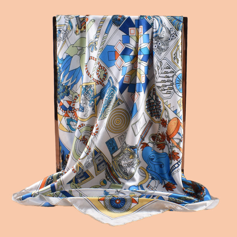 2025 new 90cm-satin geometric retro printed square scarf with sunscreen bag head silk scarf decorative scarf