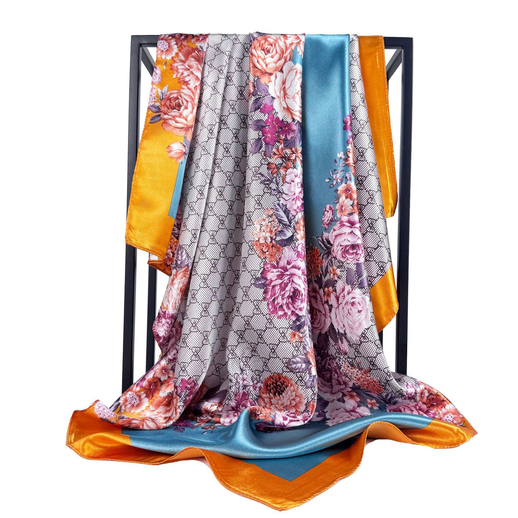 Temperament simple and elegant bow flower print silk scarf 90cm square scarf, Indonesian national bag head scarf scarf scarf