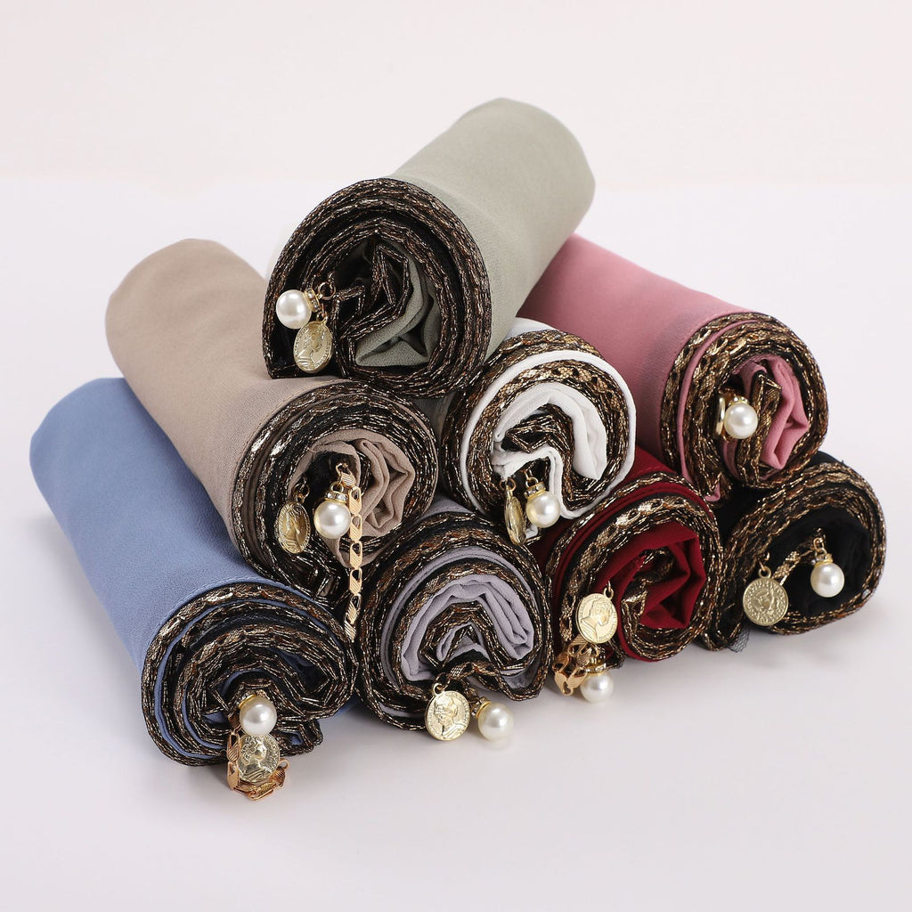 New Pearl Chiffon Gold Metal Chain Scarf  Middle East Africa Malaysia Headscarf