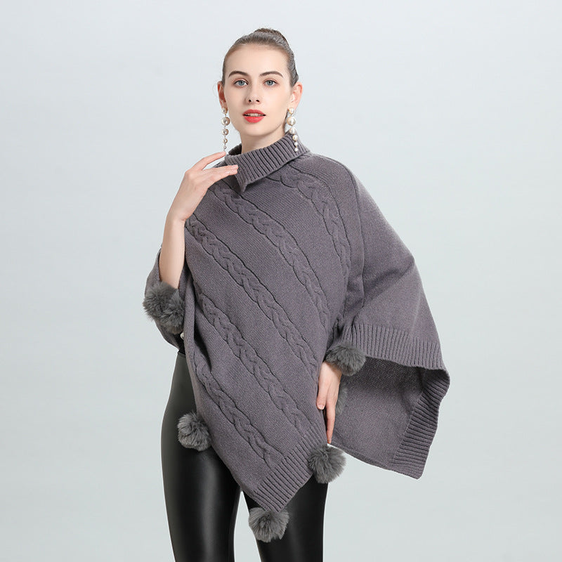 Hot European and Korean autumn and winter new loose jacquard hairball pullover knitted sweater cape shawl 0937 #