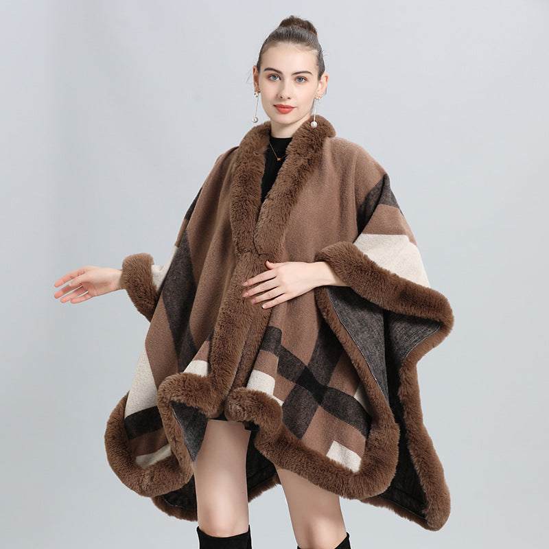 European and American autumn and winter new temperament plaid fur collar shawl cape scarf shawl fur shawl 0968 #
