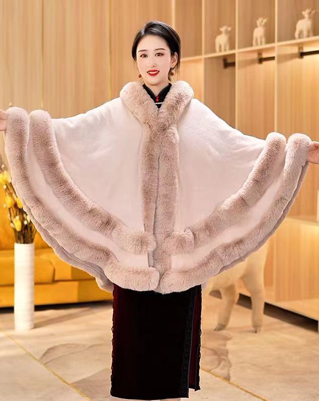Autumn and Winter New Large Size Imitation Fox Fur Collar Fur Hooded Knitted Cardigan Shawl Cape Jacket
