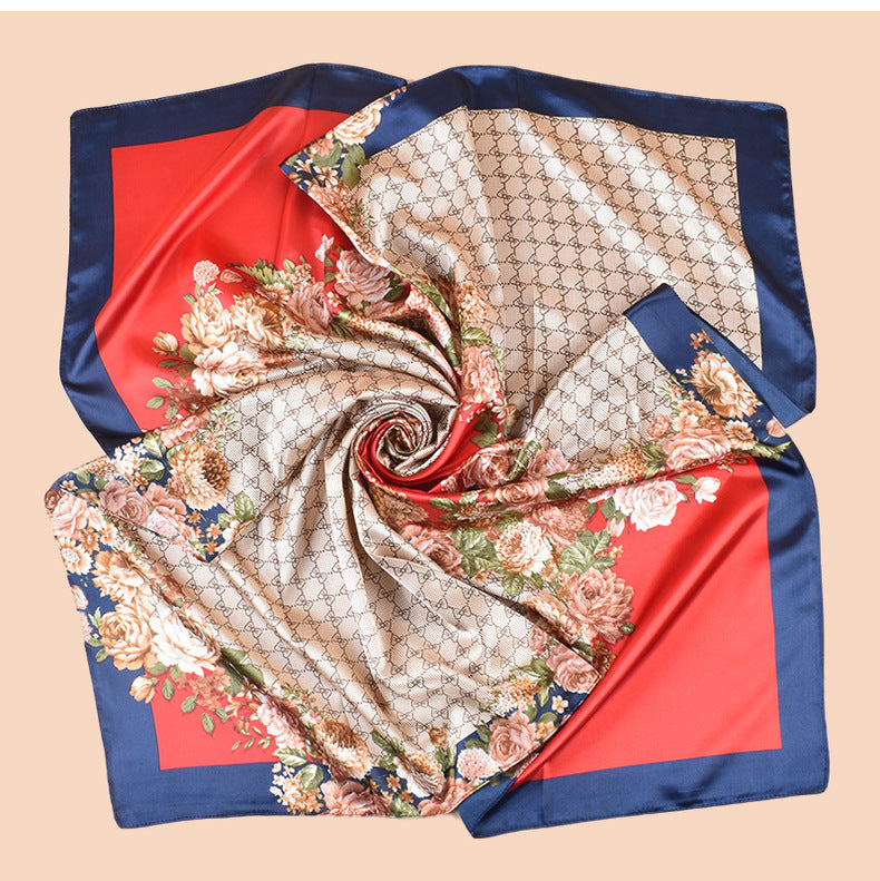 Spring and summer scarf temperament floral printing versatile decorative scarf headscarf silk scarf 90 high-quality satin square scarf
