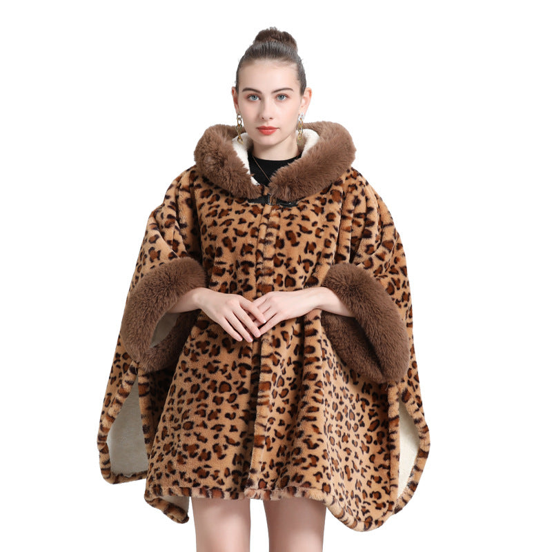 Cloak Shawl Leopard Point Fleece Thickened Fur Collar Fringed Knitted Shawl Large Size Wool Jacket 0960