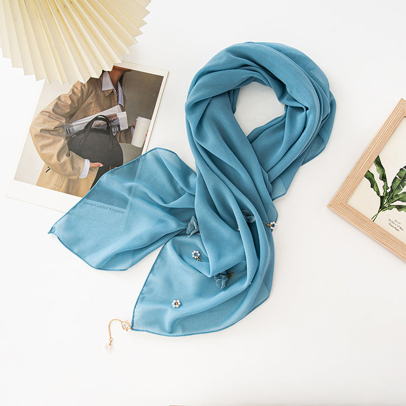 New pearl chiffon flower pearl scarf yarn scarf 90CM square scarf Middle East and Africa headscarf
