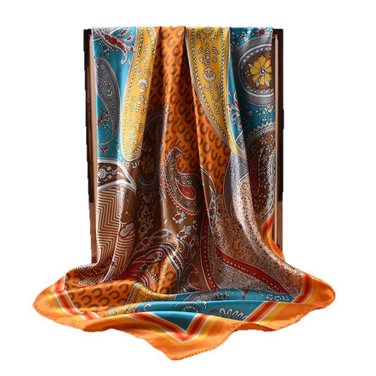 2025 New 90cm-color Diced Cashew Nut English Letter Printing Square Scarf with Sunscreen, Head Silk Scarf Decoration, Scarf