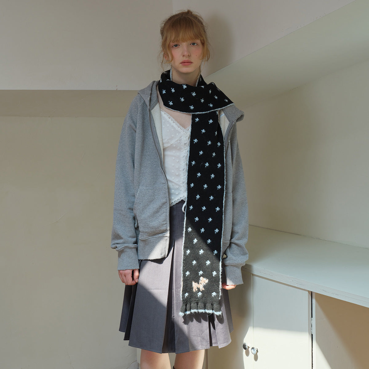 Korean designer wool-blend cartoon deer jacquard knitted scarf women's winter girly lace scarf