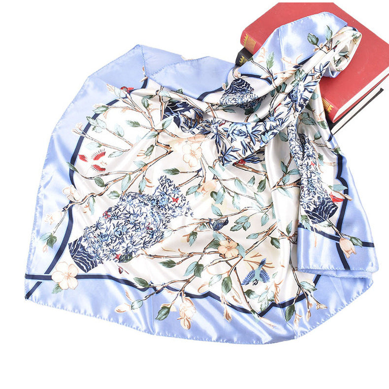 Autumn and winter new simple ethnic style blue and white porcelain vase pattern silk scarf printing 90 color diced high-end large square scarf