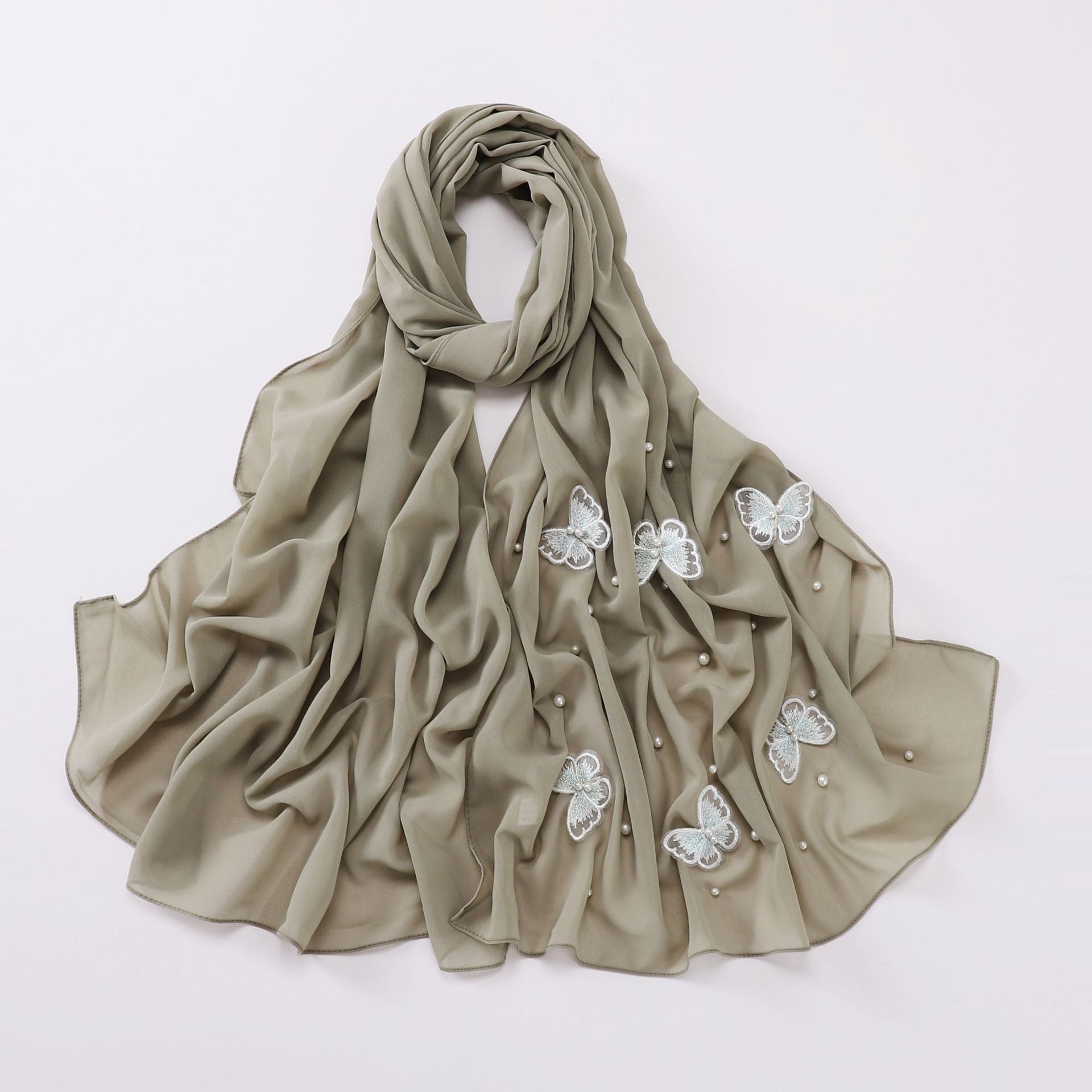 Pearl chiffon three-dimensional butterfly flower bead scarf gauze Malaysian headscarf