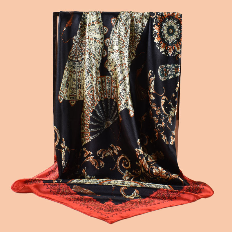 2025 new 90cm-satin classical national style fan printed square scarf with sunscreen, bag head silk scarf decoration, scarf