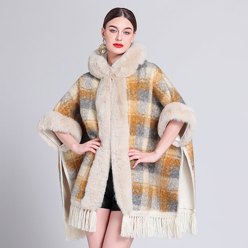 Europe, America, autumn and winter new woolen coat fur collar hooded plush thickened warm fashion fringed cape shawl outside