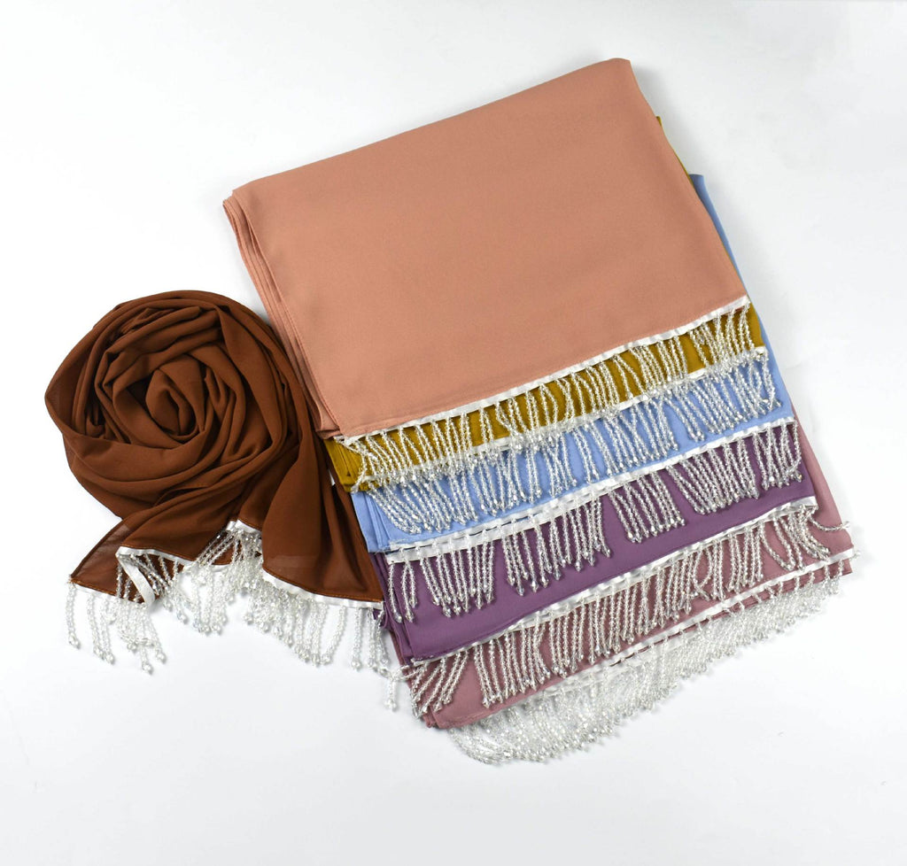 New monochrome pearl chiffon scarf high quality crystal fringed  headscarf chiffon