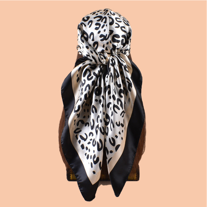 2025 new 90-satin U-word leopard print versatile printed square scarf with sunscreen, bag head silk scarf decoration, scarf