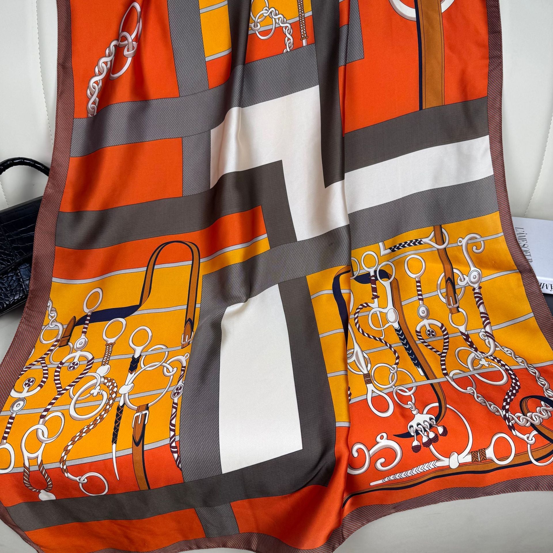 European and American fashion belt chain printed beautiful brocade long silk scarf, Korean version geometric color matching temperament women's vacation shawl