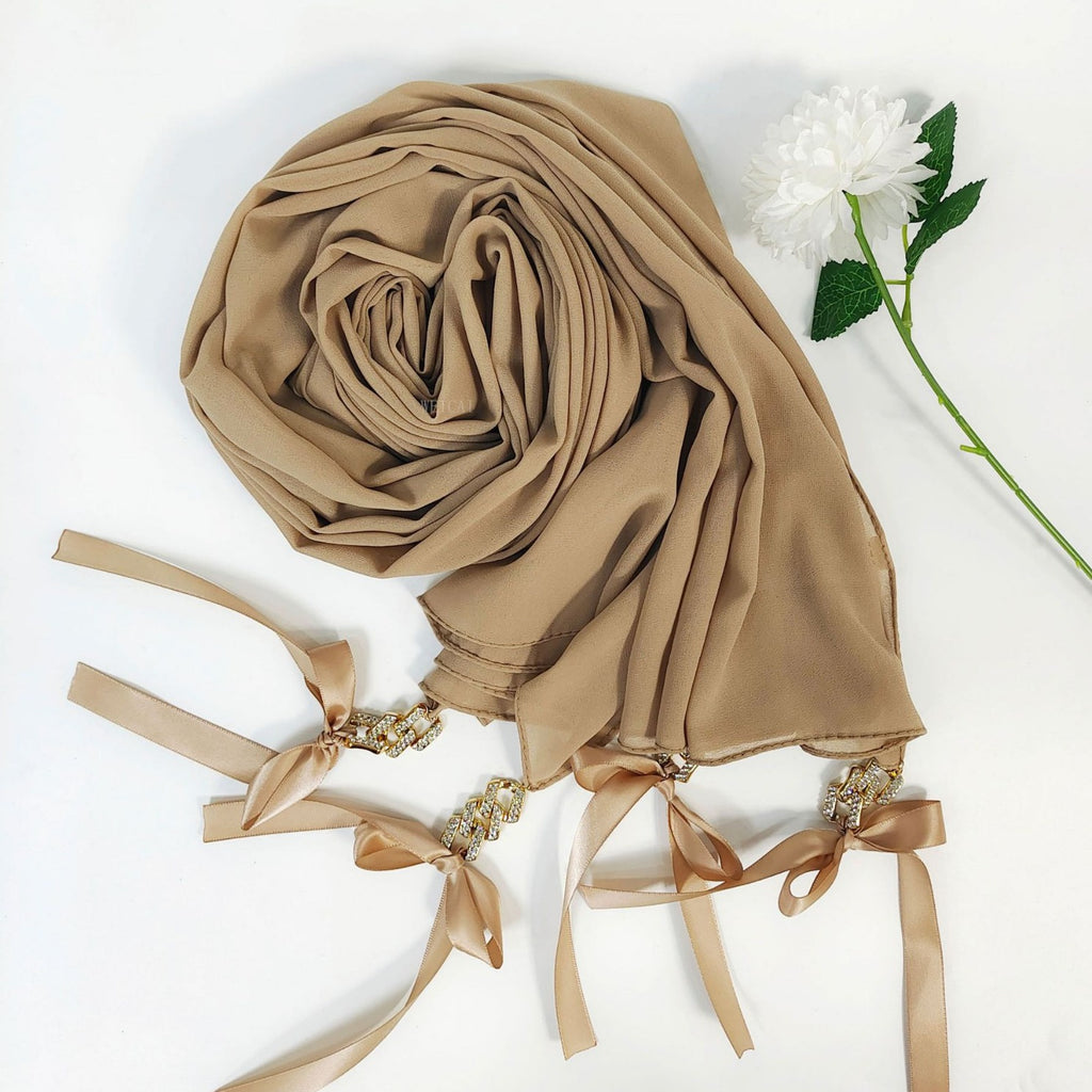 New ins fashion monochrome pearl chiffon diamond jewelry bow tassel  bag headscarf hijab