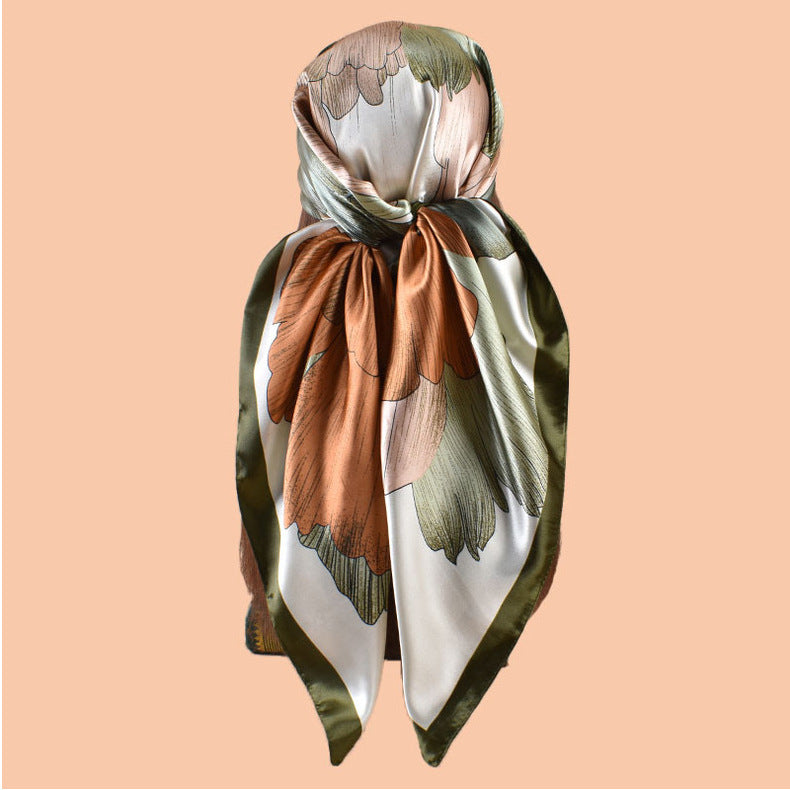 New 90-satin peony flower blooming rich printing square scarf with sunscreen bag head silk scarf decorative scarf