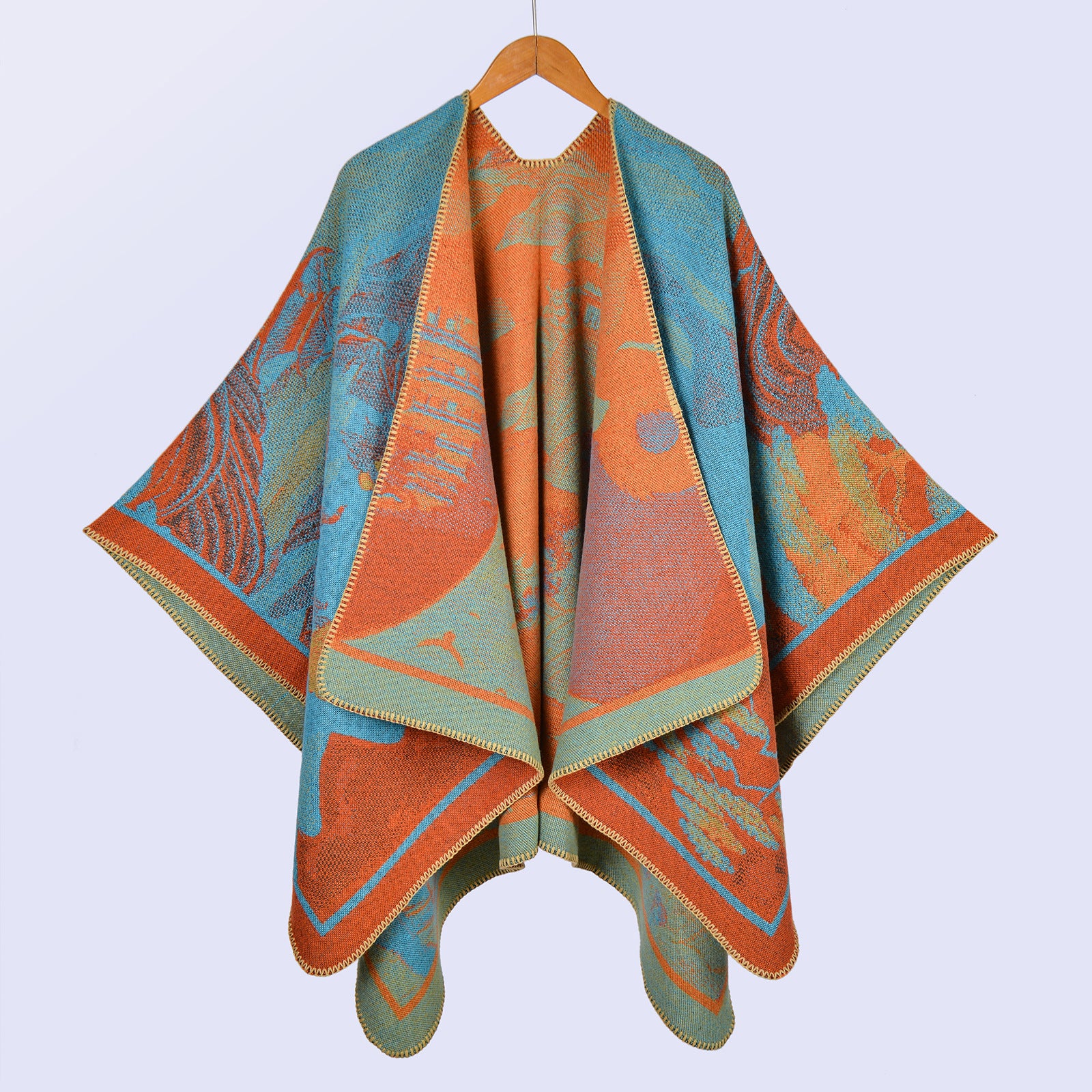 Ethnic style retro photo big shawl lady autumn and winter travel out photo camping warm outside with atmosphere cape