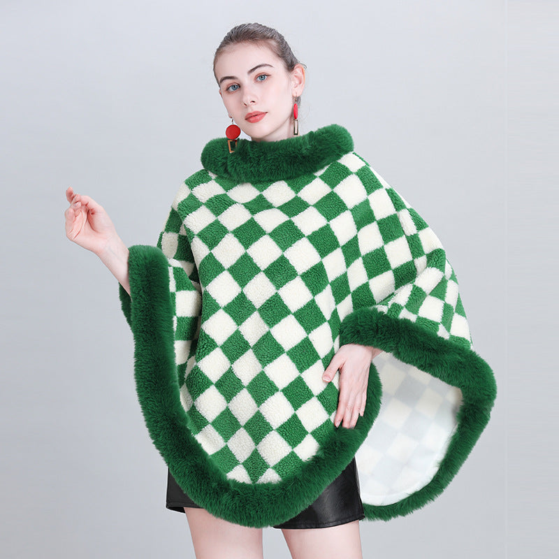 European and Korean autumn and winter new cape shawl thickened plaid fur collar crew neck pullover shawl cape jacket 0986 #