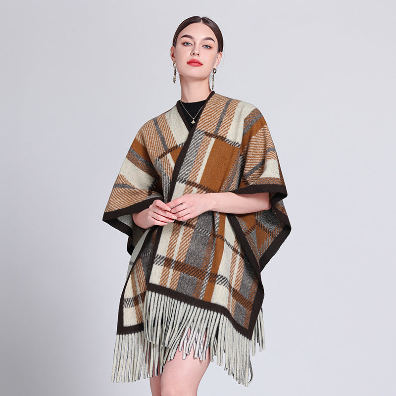 Autumn and winter Internet celebrities new plaid shawl with temperament fringed shawl cape cape retro scarf coat women